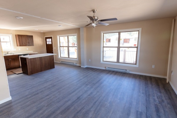 Living room layout inside new two-bedroom seasonal housing unit